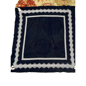 J .Crew Scarf Navy blue Embroidered cotton square Wrap Scarf Fringe Sz 19”x20"